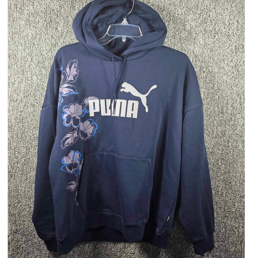 Puma Hoodie Navy Blue Floral Graphic Sweatshirt‎ Logo Pullover - Womens XL